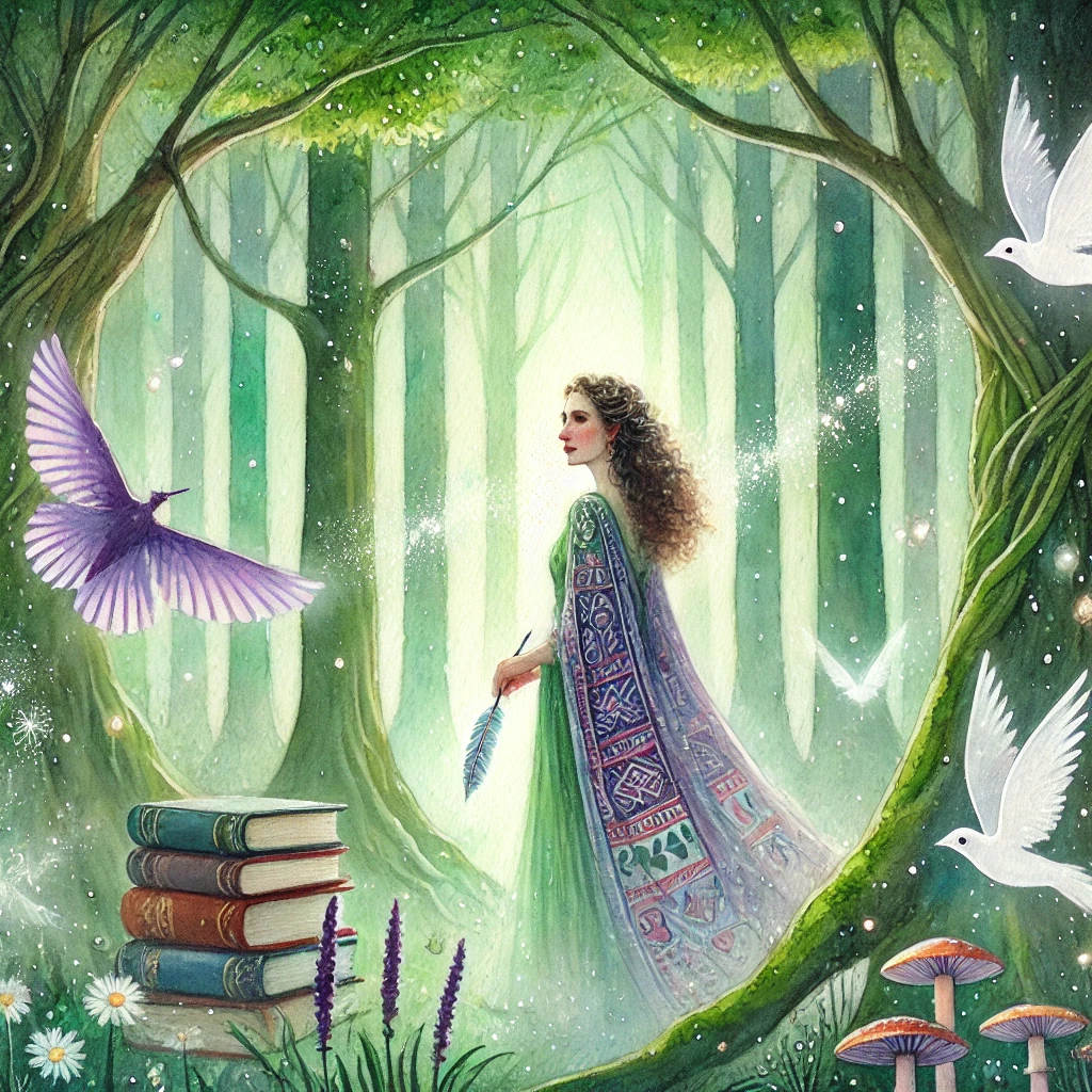 A fantasy watercolor painting of Margaret Atwood set in a serene, mystical forest. She is wearing a flowing robe with intricate, nature-inspired patterns and holding a feathered quill. Surrounding her are floating books and ethereal creatures, including glowing butterflies and small woodland spirits. The scene is illuminated by soft, glowing light filtering through ancient trees, creating a magical, dreamlike atmosphere with a color palette of gentle greens, blues, and purples.