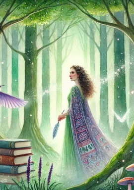 A fantasy watercolor painting of Margaret Atwood set in a serene, mystical forest. She is wearing a flowing robe with intricate, nature-inspired patterns and holding a feathered quill. Surrounding her are floating books and ethereal creatures, including glowing butterflies and small woodland spirits. The scene is illuminated by soft, glowing light filtering through ancient trees, creating a magical, dreamlike atmosphere with a color palette of gentle greens, blues, and purples.
